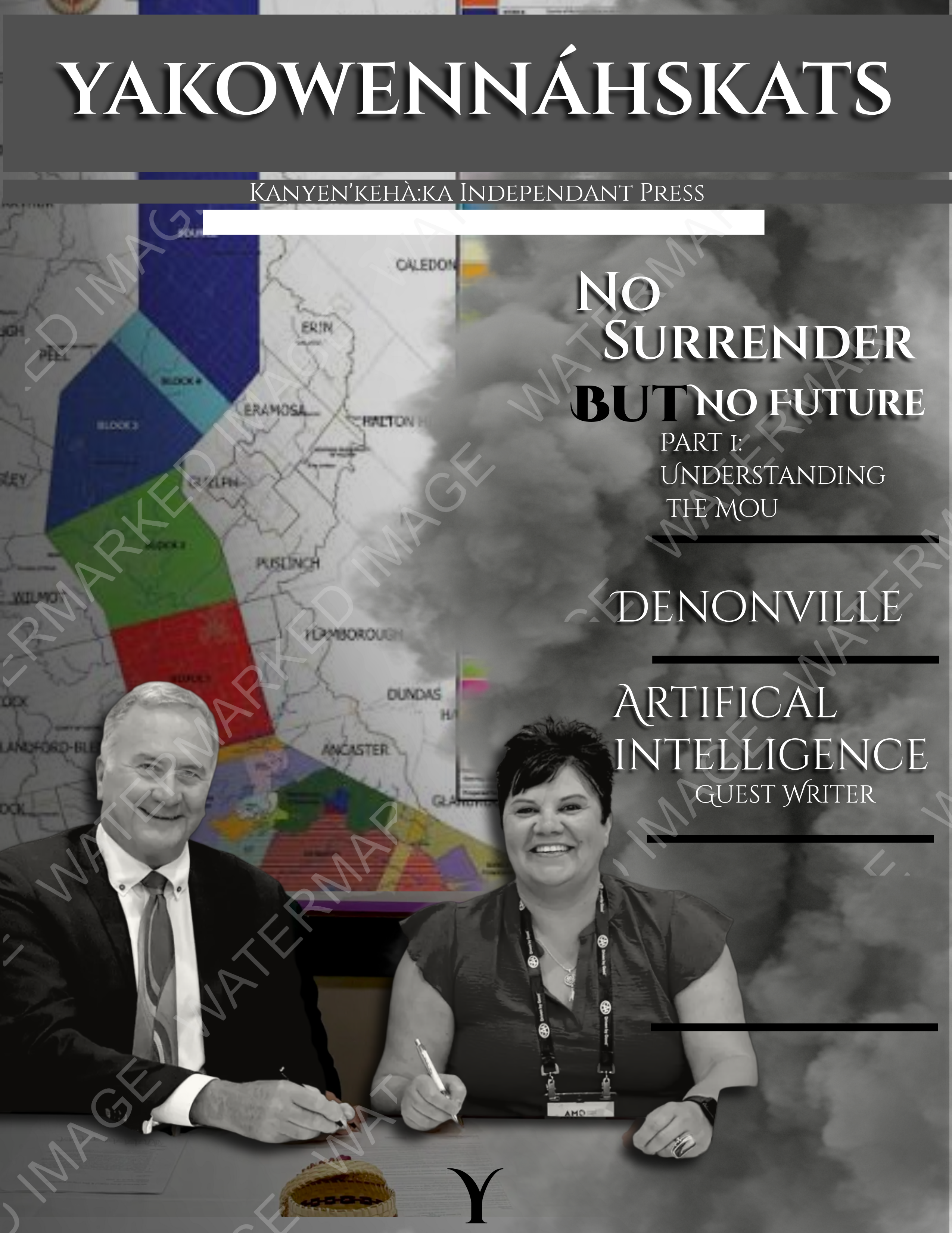 Cover of YAKOWENNAHSKATS, featuring two people at a table with a map in the background, discussing topics related to artificial intelligence and an MOU. The title 'No Surrender BUT No Future' is prominently displayed.